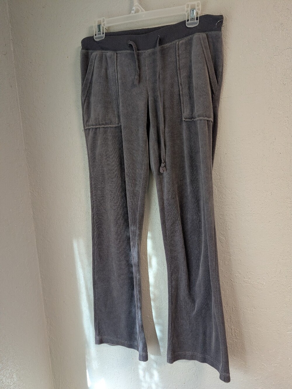 Y2K Velour Drawstring Lounge Pants M Pockets Low Rise Flare 2000s Casual Preppy